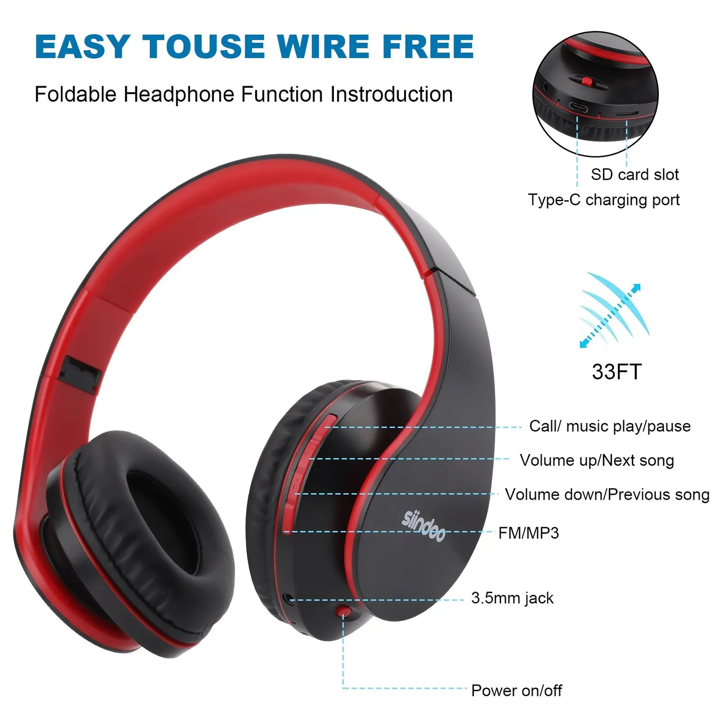 Headphones – Wireless, Foldable, FM & SD Support