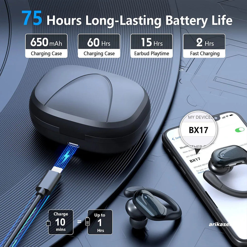Sport Bluetooth 5.3 Wireless Earbuds – 75H Playtime, HiFi, LED & IPX6