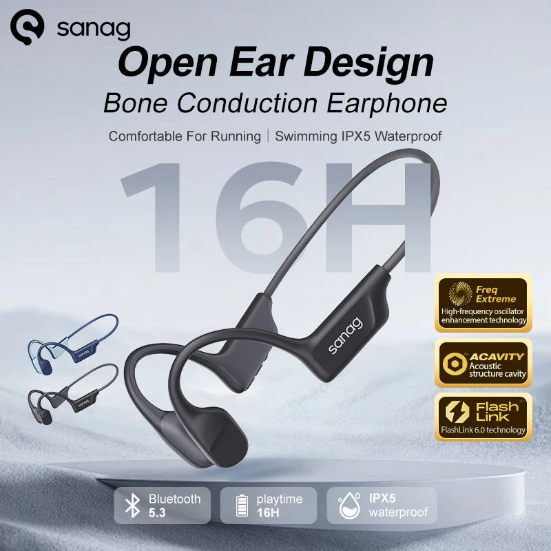 Bone Conduction Headphones, 16H Playtime, IPX5 Waterproof