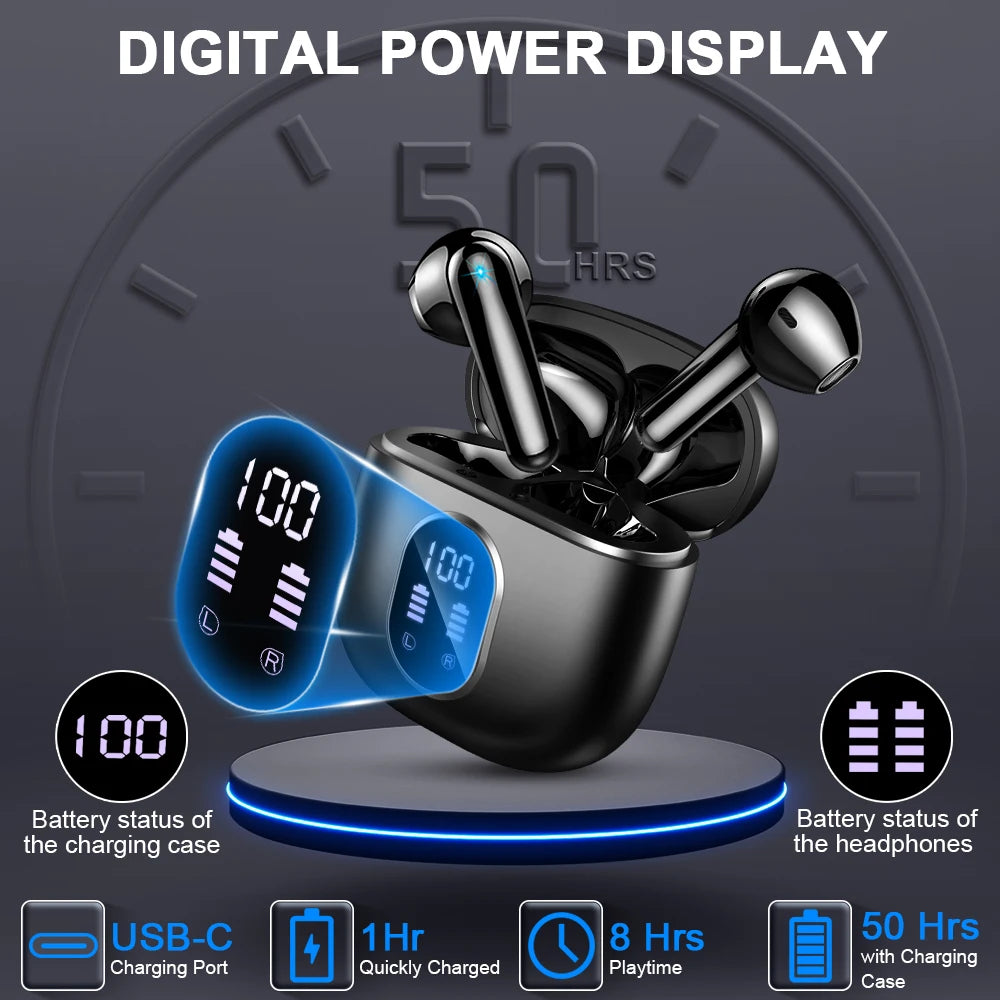 Wireless Earbuds – Bluetooth 5.3, ENC Mic, 50H Playtime, LED Display