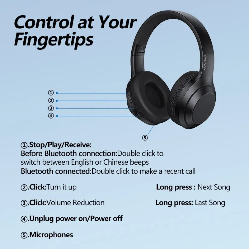 Wireless Headphones – Bluetooth 5.0, Stereo Sound, Built-in Mic